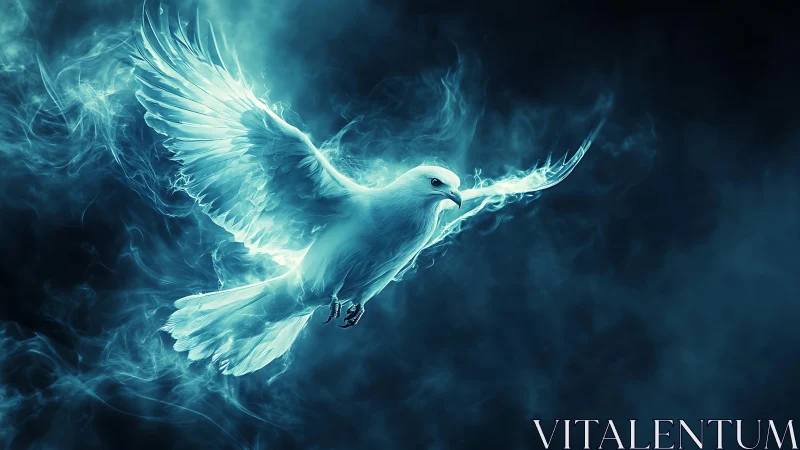 Glowing white dove rendered in blue ethereal smoke field.