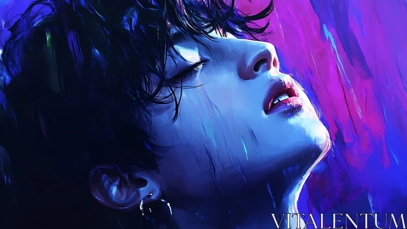 Neon rain on a dreaming face caught between night hues.