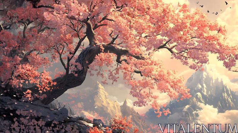 Blossoming sakura guardian arching above mythic mountain dawn.