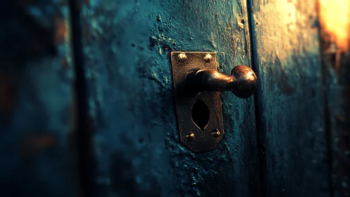 Rustworn keyhole door glows with secret ember light.