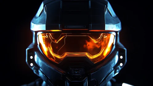 Futuristic armored helmet with glowing orange visor front view.