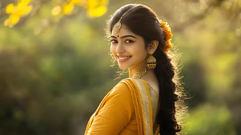 Sunlit saffron smile in golden traditional elegance portrait.