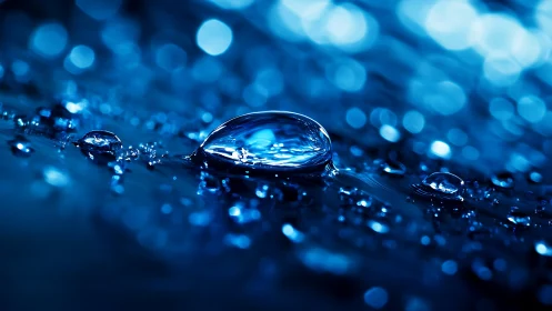 Close-up macro shot of blue water droplet on surface.