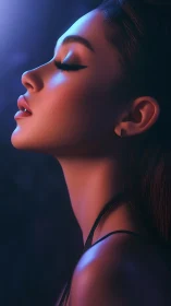 Side-profile portrait under neon rim light in deep blue glow.