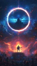 Guitarist silhouetted against dual cosmic portals on stage.