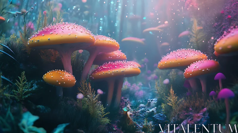 Glowing fantasy mushrooms in a colorful forest scene.
