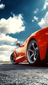 Orange sports car close-up under dramatic blue sky.