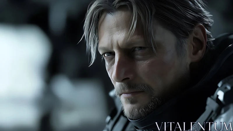 Weathered spacefarer holding quiet resolve in his gaze.