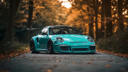 Teal sports car poised on forest road at golden hour.