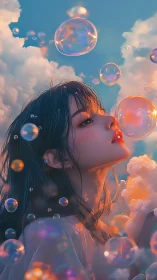 Dreamy anime girl gazes at glowing bubbles in sunset sky