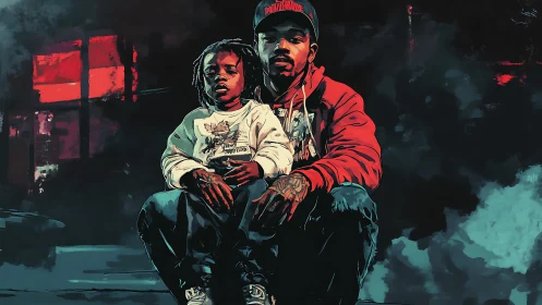 Night city portrait celebrates a quiet father child moment