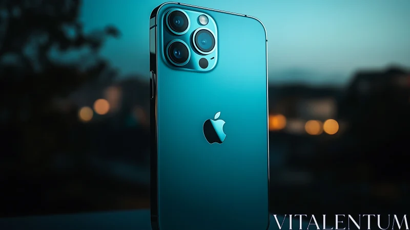 iPhone 12 Pro in Pacific Blue with triple camera system photographed against twilight backdrop.