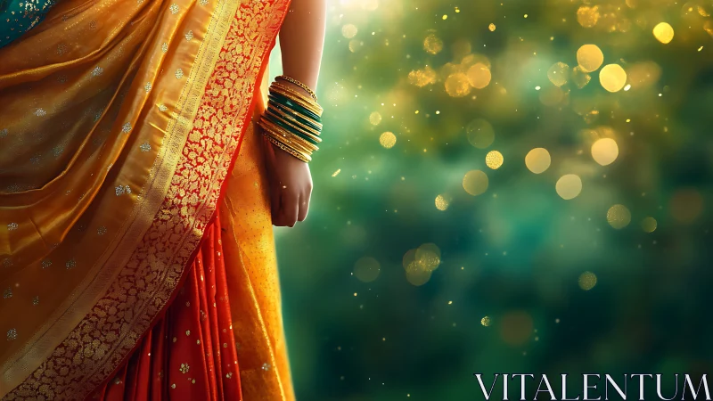 Chromatic sari drapery with bokeh diffusion and arm detail.