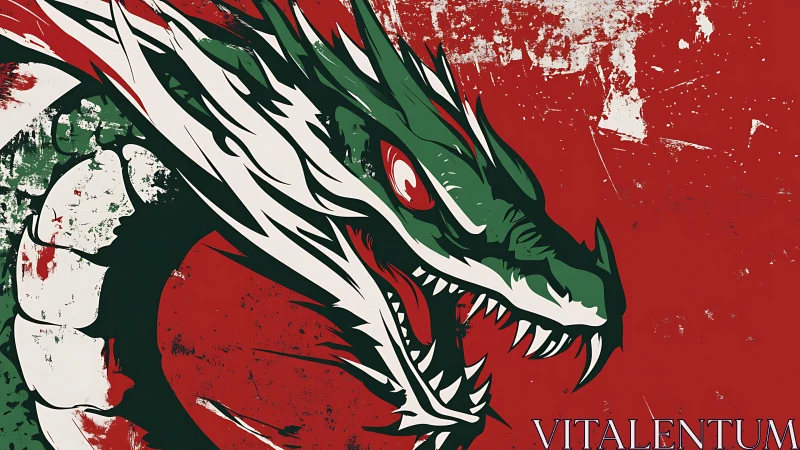 Snarling green dragon head on distressed red field.