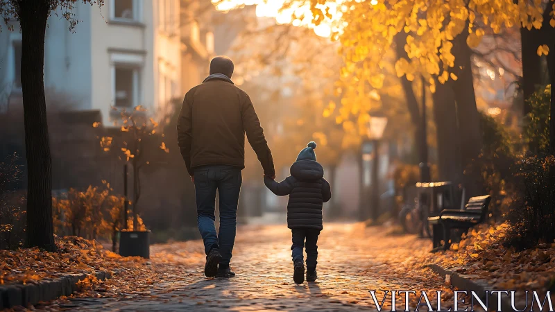 Golden Hour Connection: Adult and Child Walk Together Through Autumn.