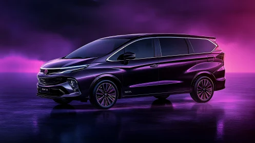 Purple minivan in side view against neon magenta backdrop.