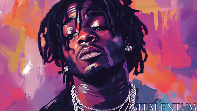 Vibrant digital portrait of hip hop figure in neon palette.