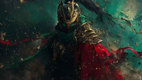 Golden knight emerging through swirling teal stormscape.