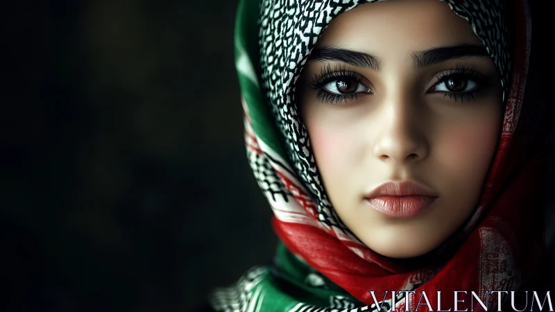 Portrait of Woman in Patterned Hijab, Realistic and Intense Style.
