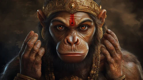 Photorealistic simian deity portrait with ornate gold crown