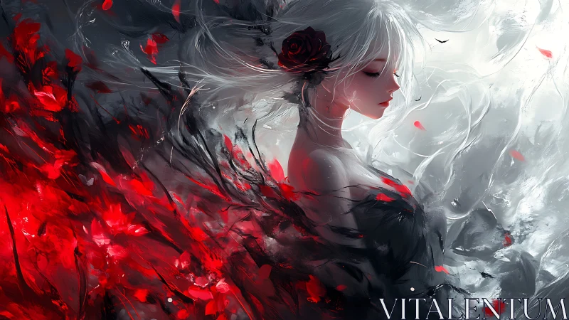 Melancholic rose maiden emerges from swirling crimson petals