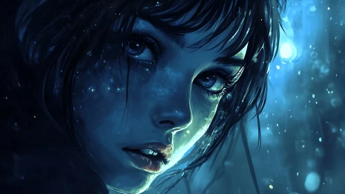 Blue-lit girl gazes through rain with luminous wet skin