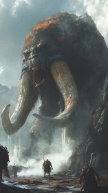Giant tusked beast confronts warriors in misty canyon