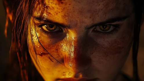 Fierce warrior close-up with bloodlit freckled face.