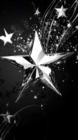 Chrome star sculpture arcs through dark glittering void