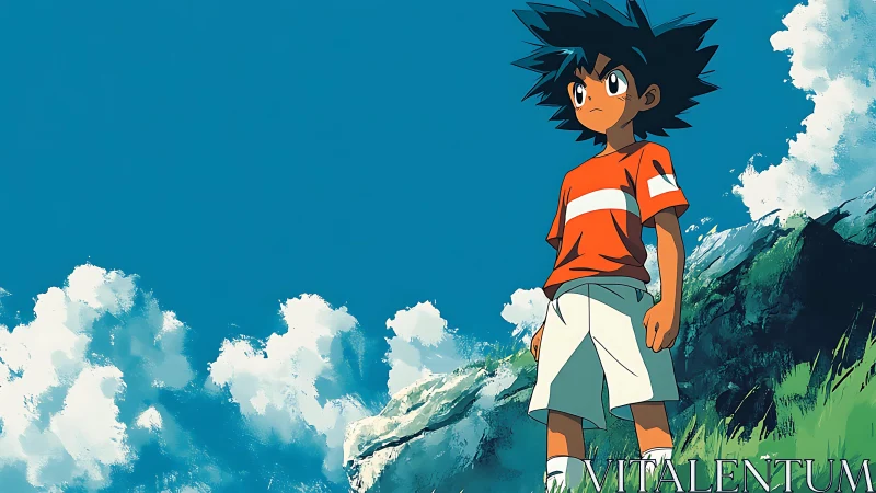 Young explorer under wide summer skies on a windy hilltop.