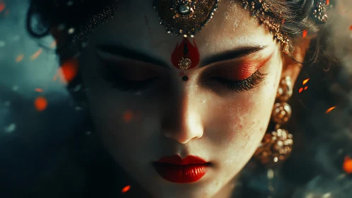 Digital portrait of woman with ornate red ceremonial makeup.