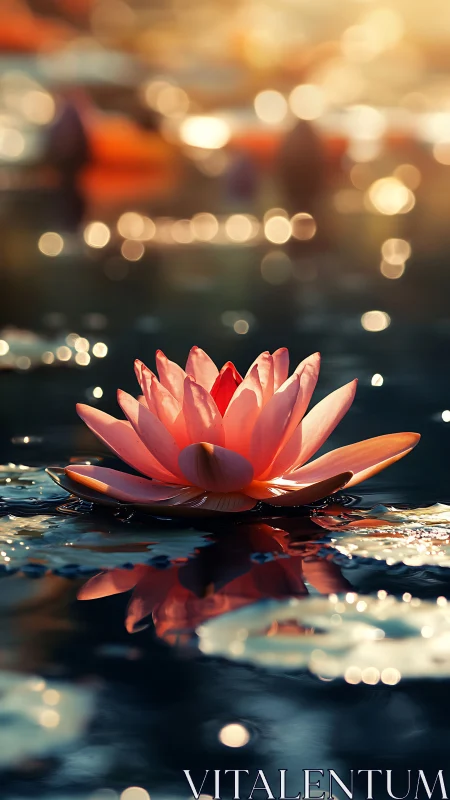 Sunlit pink lotus in cinematic shallow-focus pond scene.
