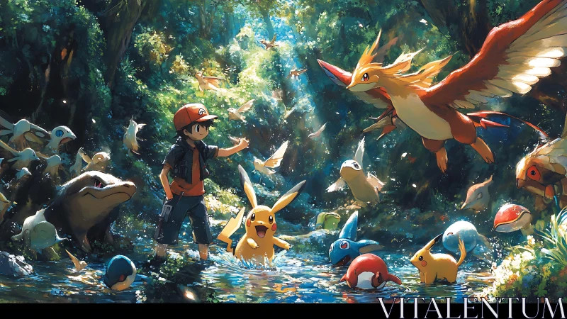 Trainer stands in shallow forest stream surrounded by creatures