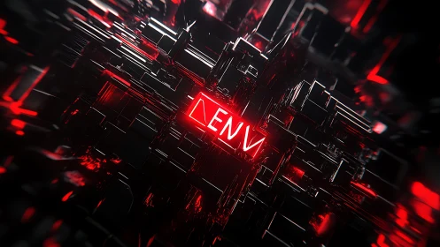 Cyberpunk ENV neon core within angular red-black gridscape.