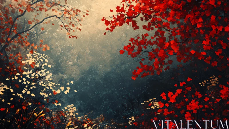 Scarlet autumn canopy frames a misty, dreamlike forest glade