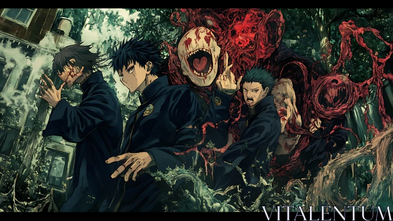 Dark sorcerers battling grotesque blood-twisted abomination