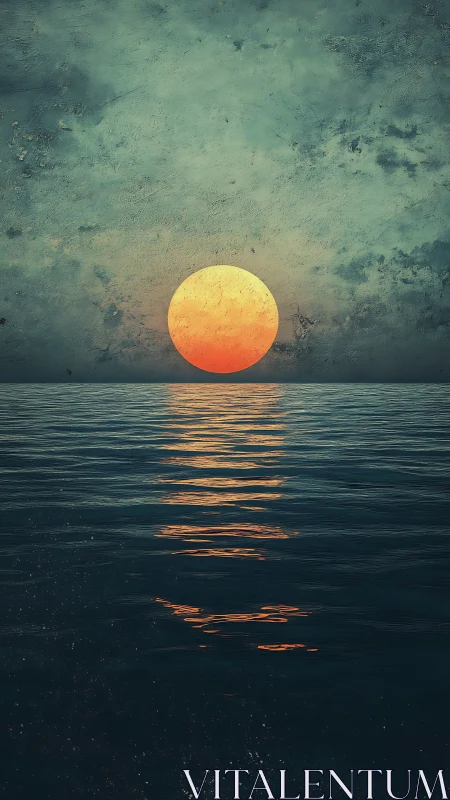 Textured orange sun over dark sea with reflective path.