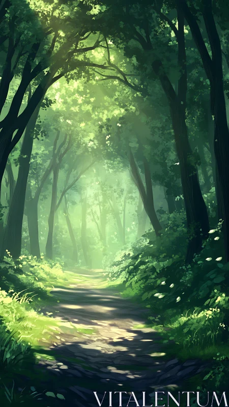 Enchanted Forest Path Glowing with Magical Sunlight
