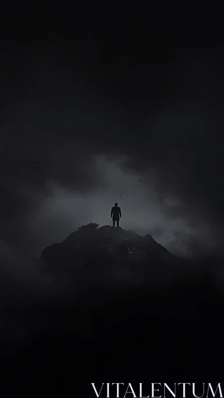 Lone dreamer standing on a misty peak under dark skies.