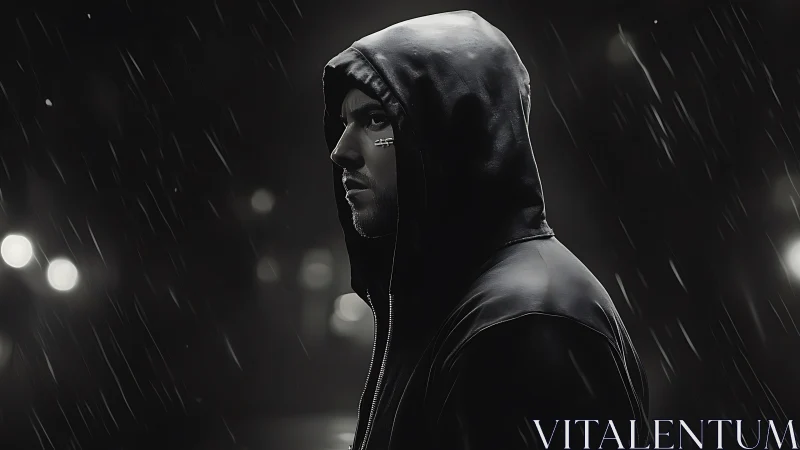 Hooded male profile in rainfall with blurred urban lights.