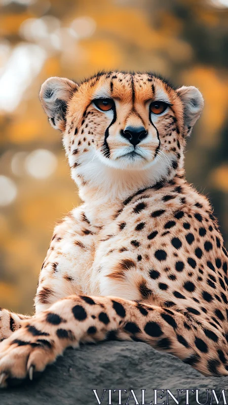 Cheetah resting on rock with blurred autumn background.