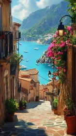 Coastal village alley descending toward bright blue bay.