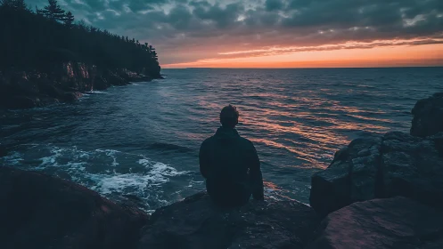 Solitary figure contemplating dusk over windswept coastline.
