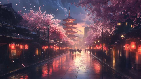 Rain-soaked cherry blossom street with glowing pagoda at dusk.