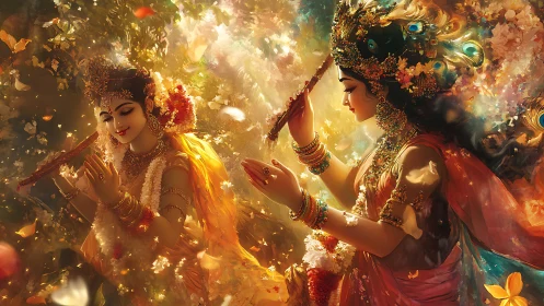 Divine figures exchange garlands in glowing forest radiance.