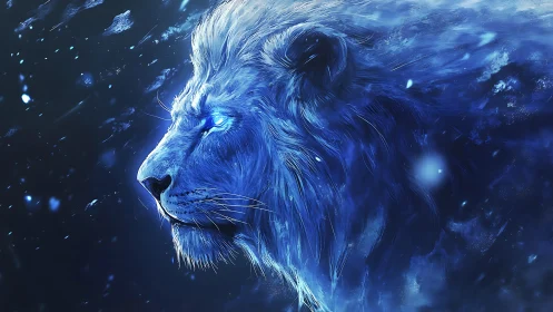 Bioluminescent ice lion rendered in high-contrast blue profile