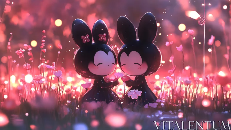 Soft bunny friends glowing in a dreamy pink meadow.