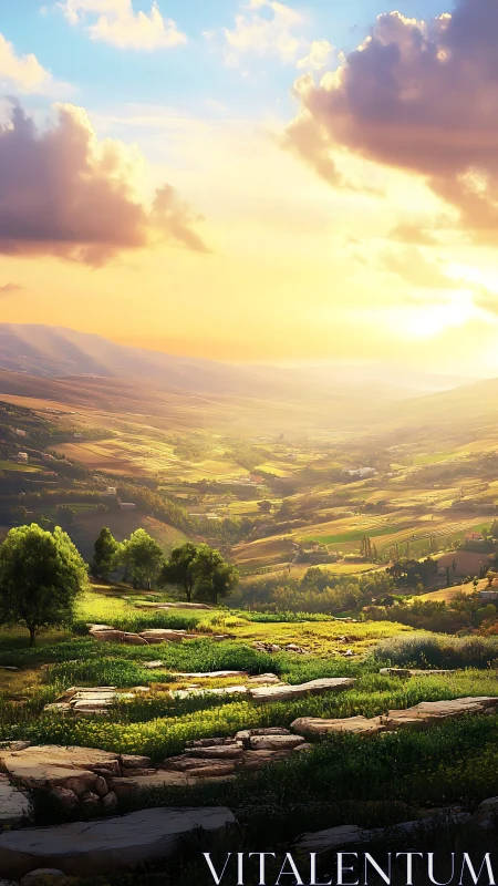 Sunlit valley steps into a luminous painted countryside dream.