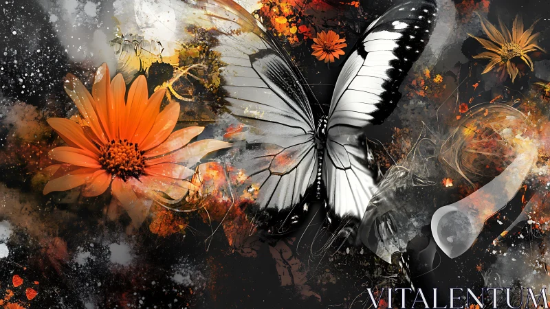 Monochrome butterfly with orange flowers in abstract space.