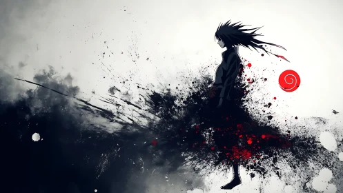 Silhouetted anime figure in black ink burst with red spiral